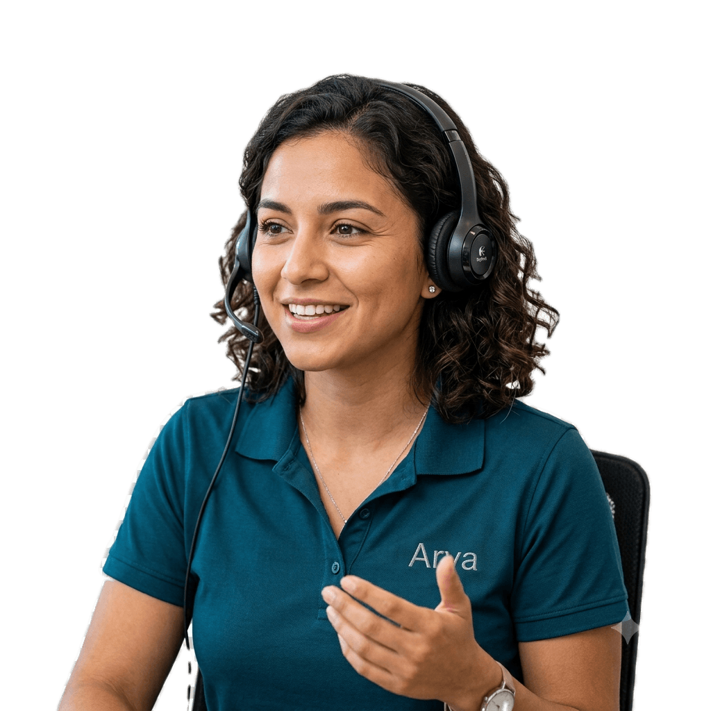 An Arya receptionist wearing a headset