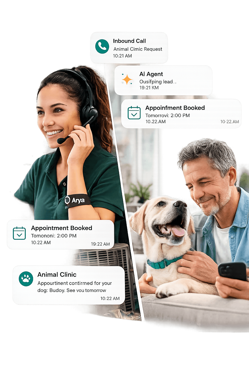 A real Arya receptionist on a call, and a pet owner getting a booking confirmation on their phone